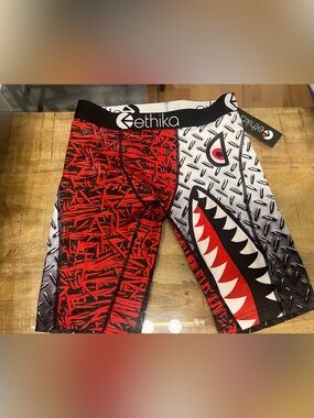 ethika Red, White & Black Shark Print Kids Shorts underwear